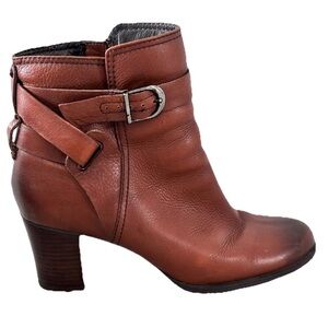 Clarks Jolissa Topaz Brown Leather Ankle Booties | Buckle Strap Block Heel | 9W